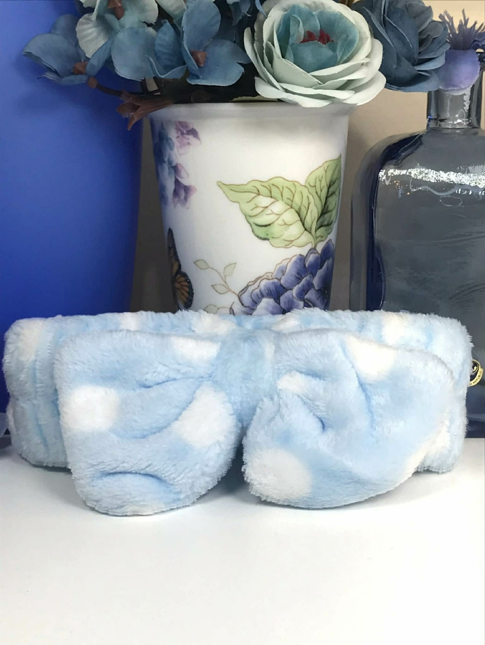 🔴 3/$15! Plush Blue & White Polka Dot SPA Skincare Headband by Glow on 5th BNIP